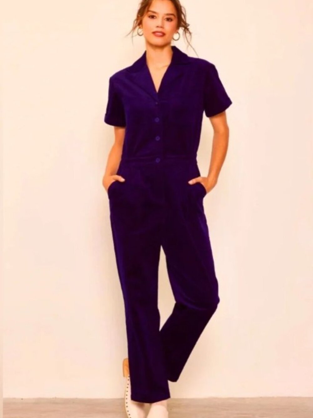 Skies Are Blue - Corduroy Navy Short-Sleeve Jumpsuit Dress, size XS